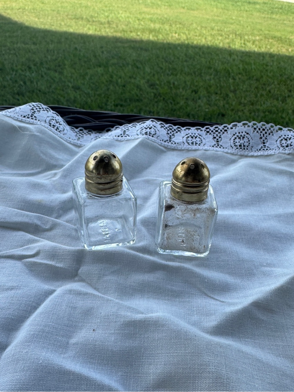 Vintage QANTAS airways first class glass salt and pepper shakers brass tops